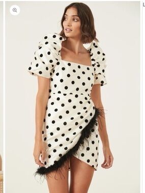 Revolve LPA Polka Dot Puff Sleeve Mini Dress with Feather Trim